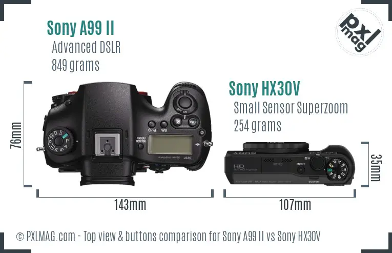 Sony A99 II vs Sony HX30V top view buttons comparison