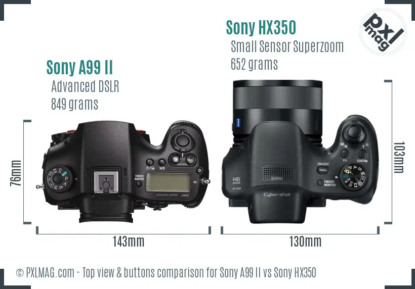 Sony A99 II vs Sony HX350 top view buttons comparison