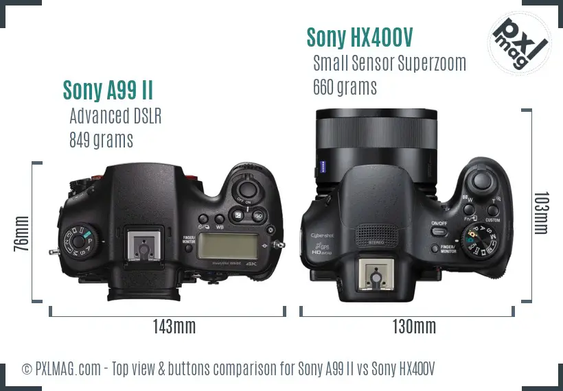Sony A99 II vs Sony HX400V top view buttons comparison