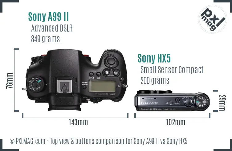 Sony A99 II vs Sony HX5 top view buttons comparison