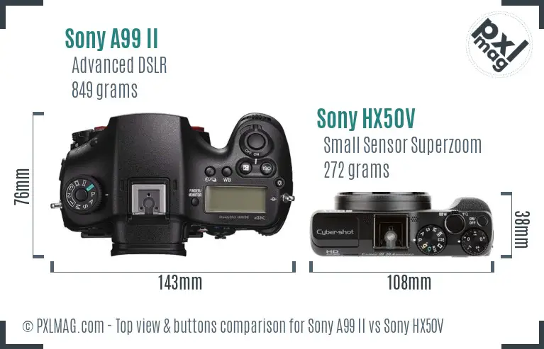 Sony A99 II vs Sony HX50V top view buttons comparison