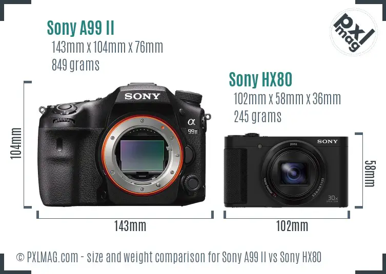 Sony A99 II vs Sony HX80 size comparison