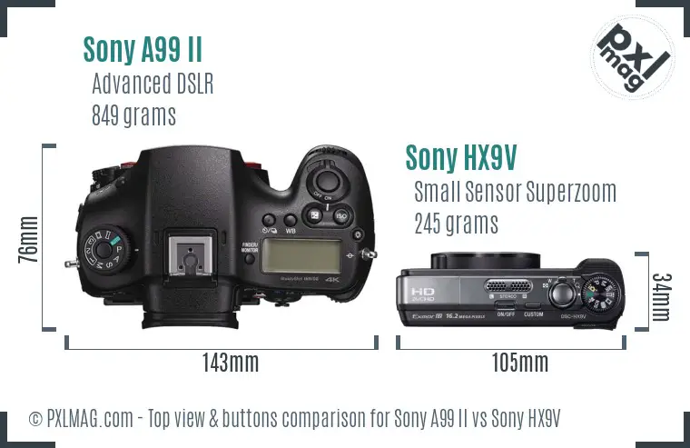 Sony A99 II vs Sony HX9V top view buttons comparison