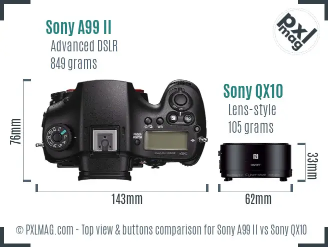 Sony A99 II vs Sony QX10 top view buttons comparison