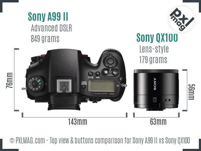 Sony A99 II vs Sony QX100 top view buttons comparison