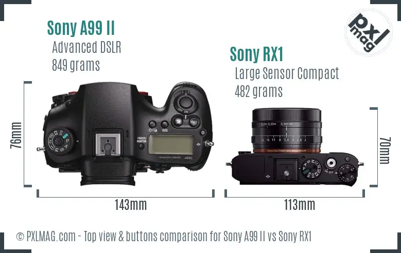 Sony A99 II vs Sony RX1 top view buttons comparison