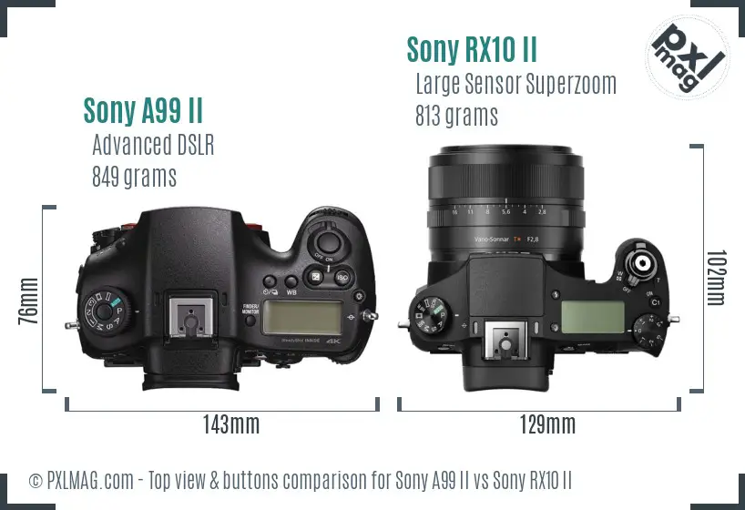 Sony A99 II vs Sony RX10 II top view buttons comparison