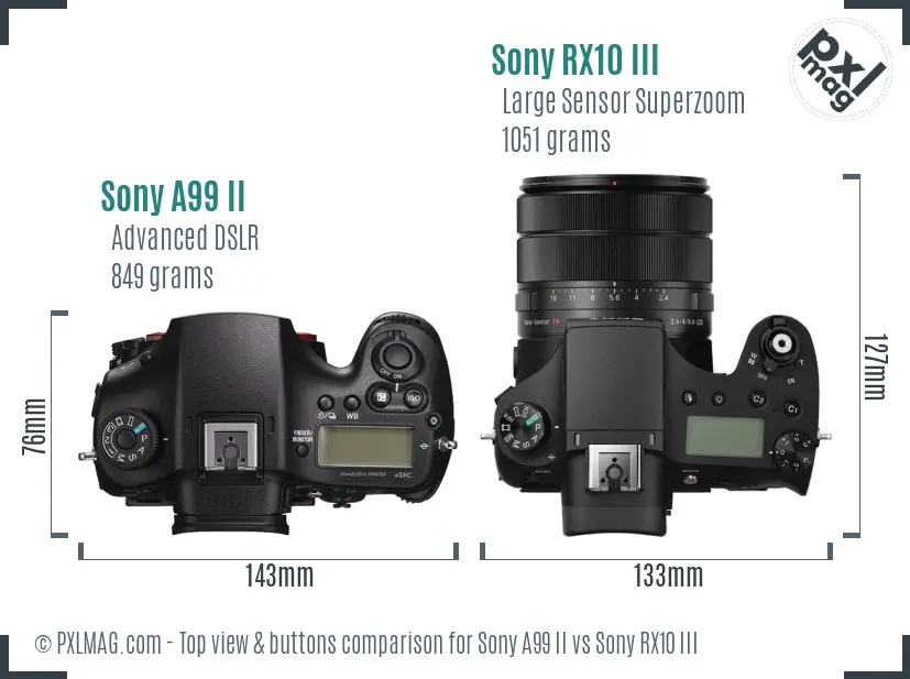Sony A99 II vs Sony RX10 III top view buttons comparison