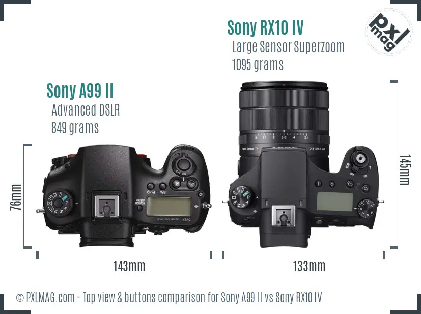 Sony A99 II vs Sony RX10 IV top view buttons comparison