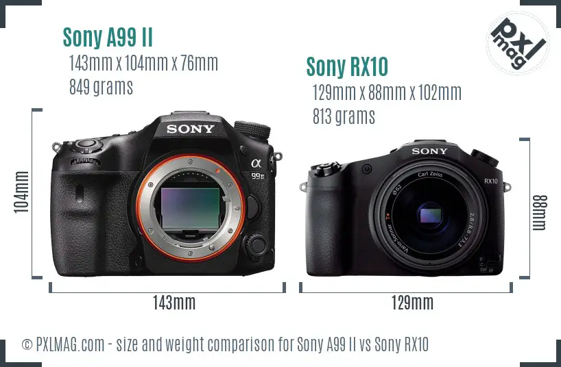 Sony A99 II vs Sony RX10 size comparison