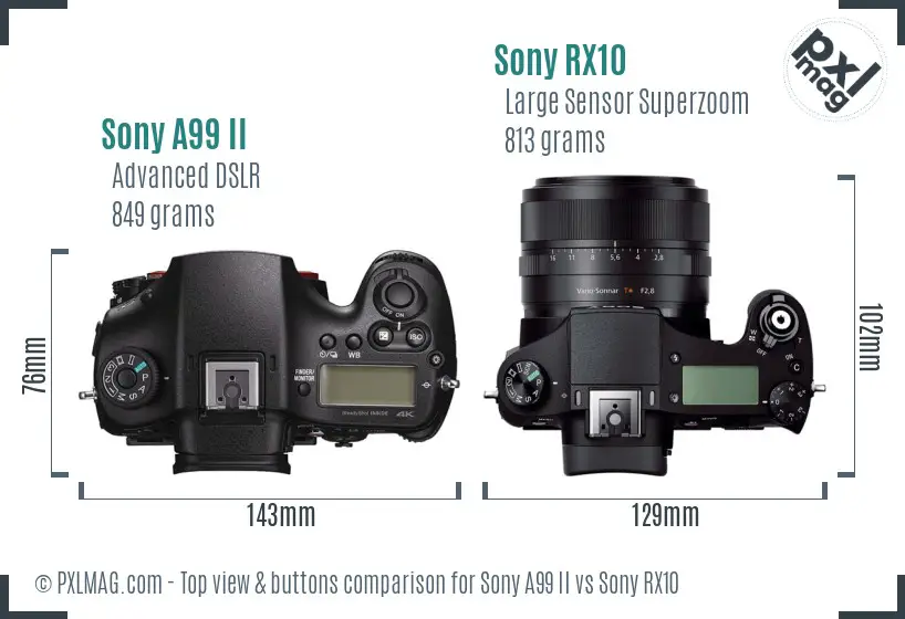 Sony A99 II vs Sony RX10 top view buttons comparison