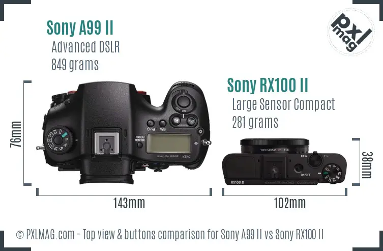 Sony A99 II vs Sony RX100 II top view buttons comparison