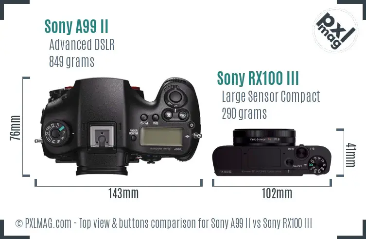 Sony A99 II vs Sony RX100 III top view buttons comparison