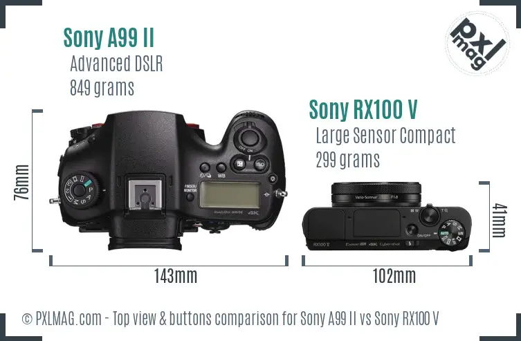 Sony A99 II vs Sony RX100 V top view buttons comparison