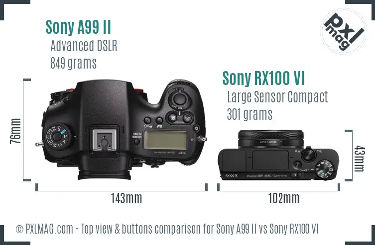 Sony A99 II vs Sony RX100 VI top view buttons comparison