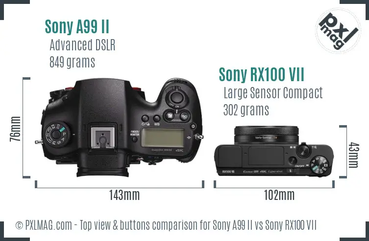Sony A99 II vs Sony RX100 VII top view buttons comparison