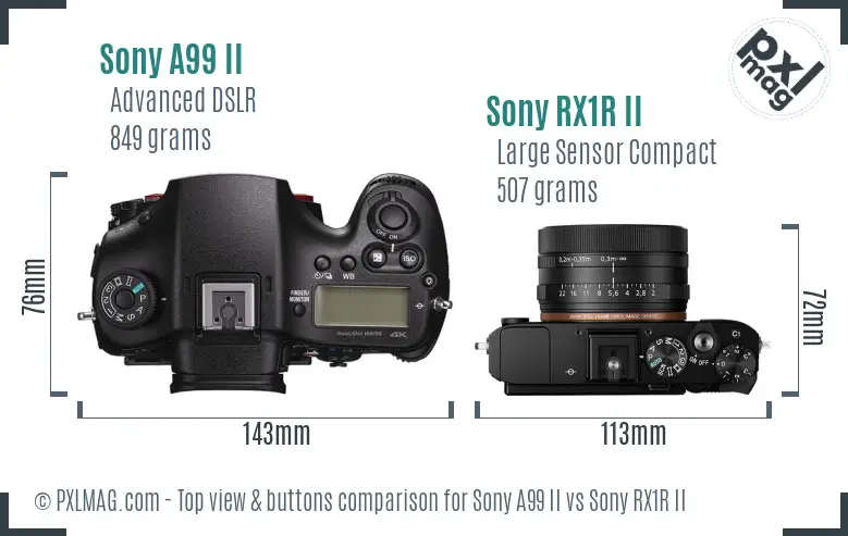 Sony A99 II vs Sony RX1R II top view buttons comparison