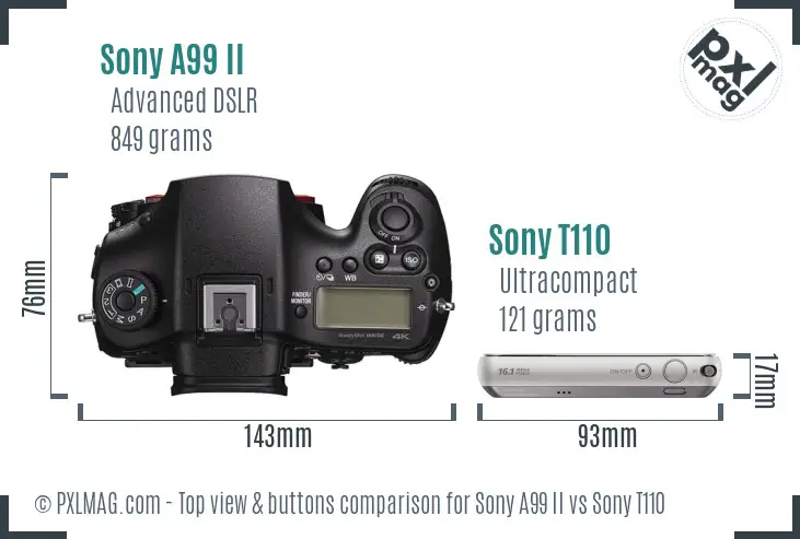 Sony A99 II vs Sony T110 top view buttons comparison
