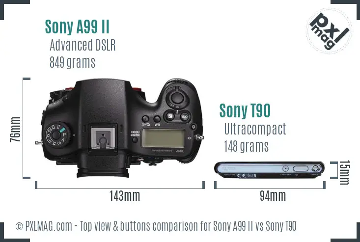 Sony A99 II vs Sony T90 top view buttons comparison