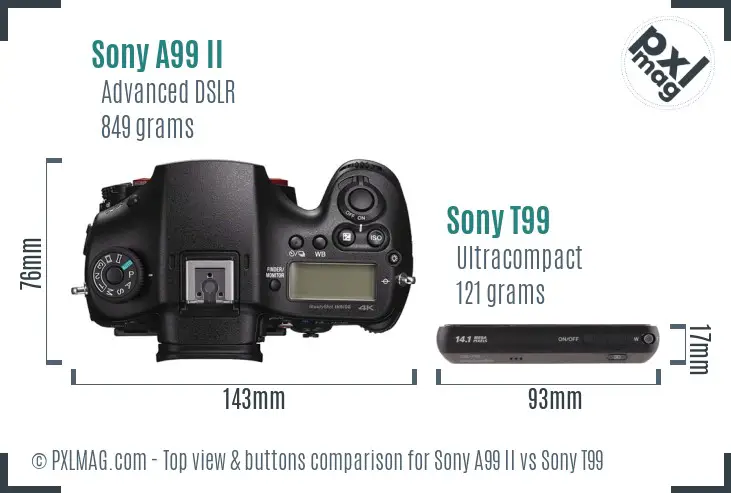 Sony A99 II vs Sony T99 top view buttons comparison