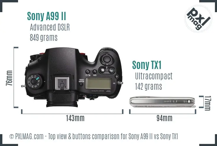 Sony A99 II vs Sony TX1 top view buttons comparison