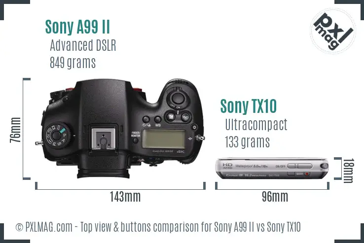 Sony A99 II vs Sony TX10 top view buttons comparison