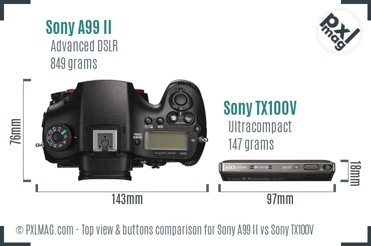 Sony A99 II vs Sony TX100V top view buttons comparison
