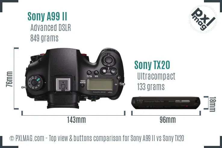 Sony A99 II vs Sony TX20 top view buttons comparison