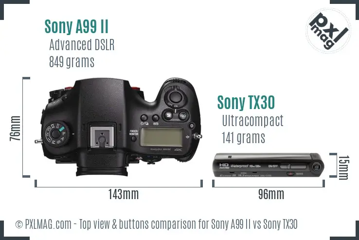 Sony A99 II vs Sony TX30 top view buttons comparison