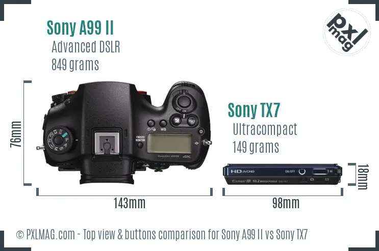 Sony A99 II vs Sony TX7 top view buttons comparison