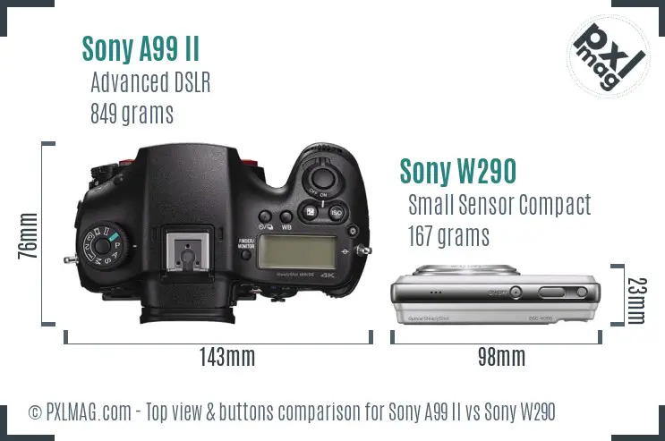 Sony A99 II vs Sony W290 top view buttons comparison