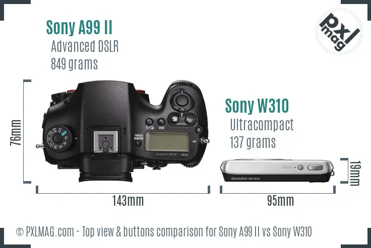 Sony A99 II vs Sony W310 top view buttons comparison