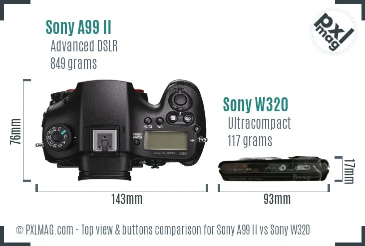 Sony A99 II vs Sony W320 top view buttons comparison