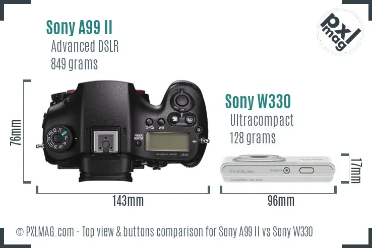Sony A99 II vs Sony W330 top view buttons comparison