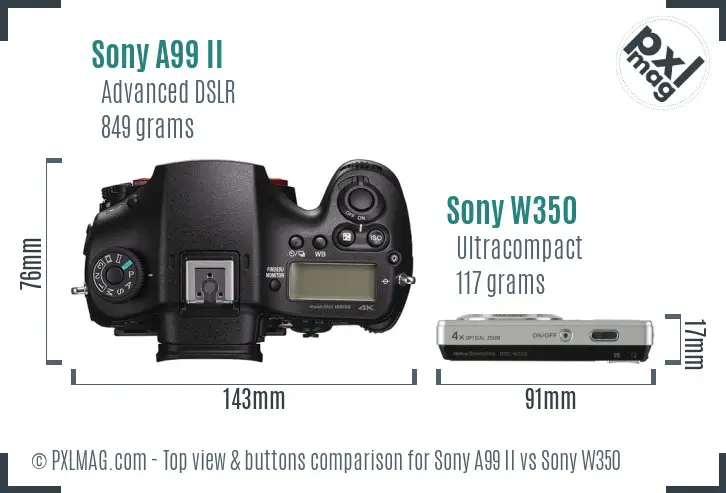 Sony A99 II vs Sony W350 top view buttons comparison