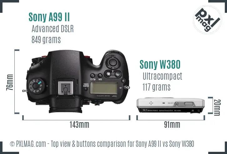 Sony A99 II vs Sony W380 top view buttons comparison