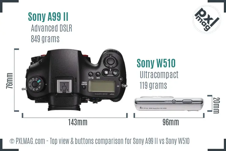Sony A99 II vs Sony W510 top view buttons comparison