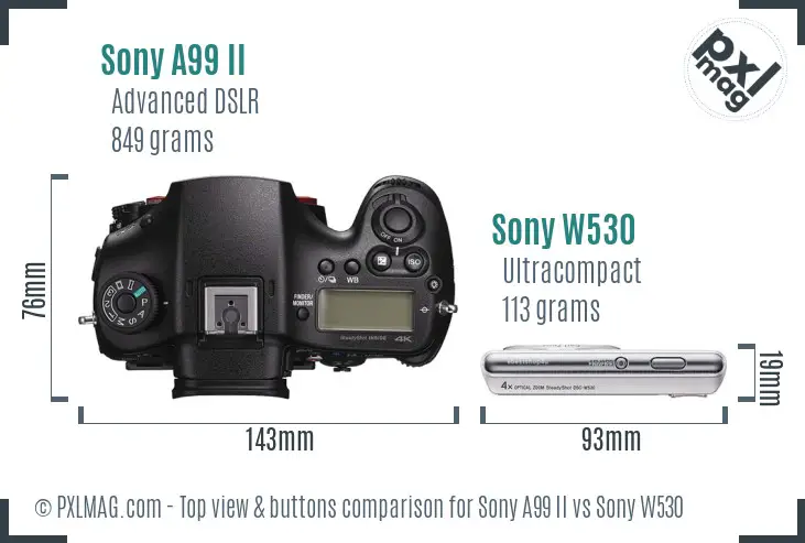 Sony A99 II vs Sony W530 top view buttons comparison