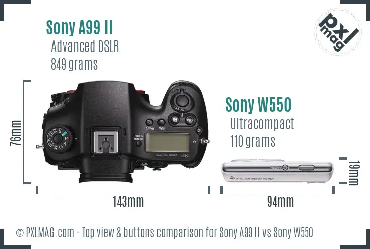 Sony A99 II vs Sony W550 top view buttons comparison