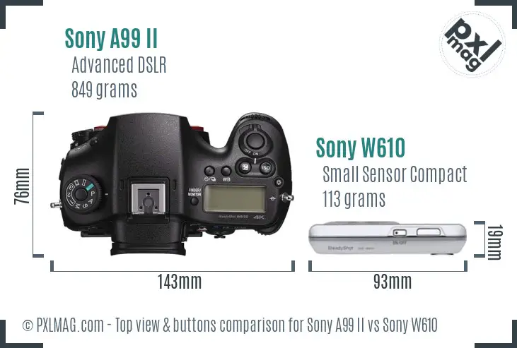 Sony A99 II vs Sony W610 top view buttons comparison