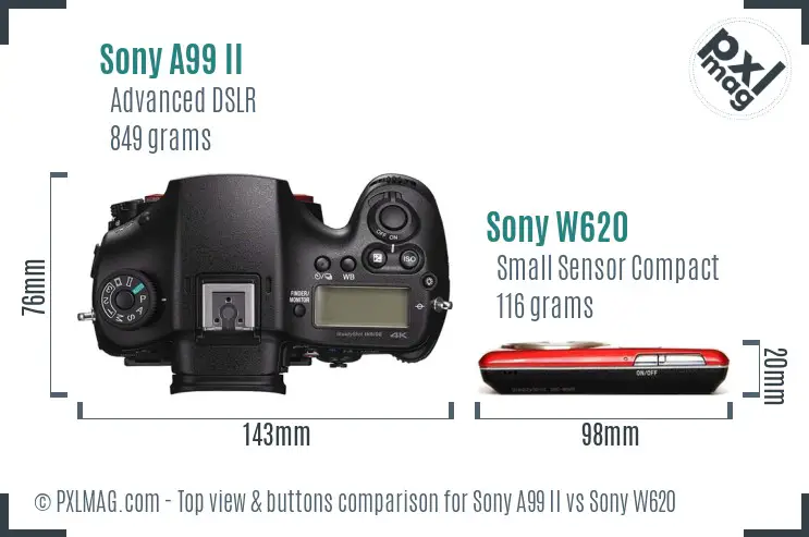 Sony A99 II vs Sony W620 top view buttons comparison