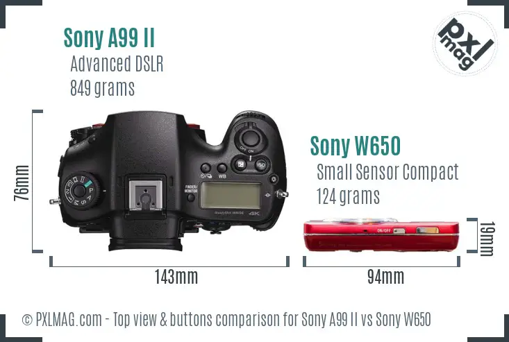 Sony A99 II vs Sony W650 top view buttons comparison
