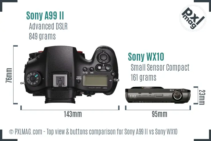 Sony A99 II vs Sony WX10 top view buttons comparison