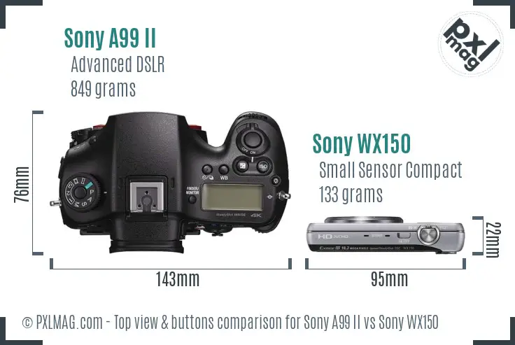 Sony A99 II vs Sony WX150 top view buttons comparison