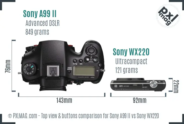 Sony A99 II vs Sony WX220 top view buttons comparison
