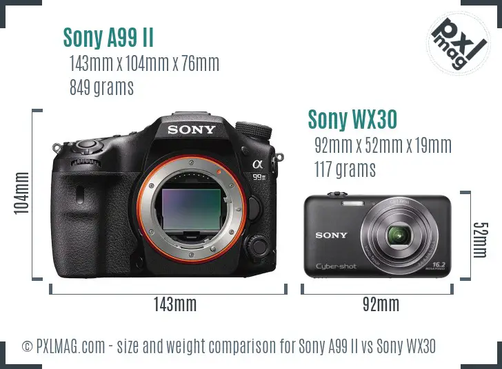 Sony A99 II vs Sony WX30 size comparison