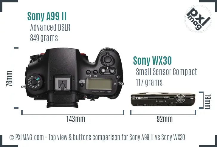 Sony A99 II vs Sony WX30 top view buttons comparison