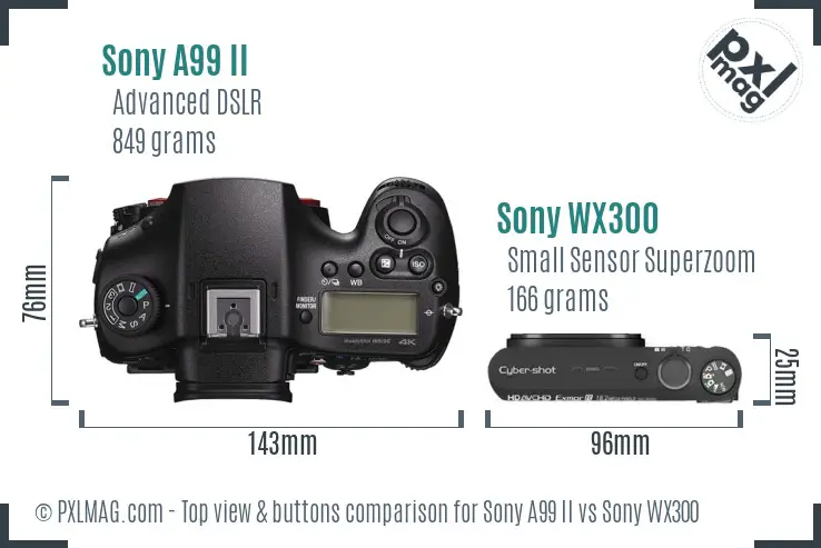Sony A99 II vs Sony WX300 top view buttons comparison