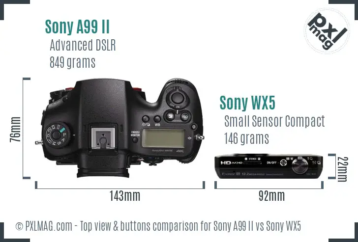Sony A99 II vs Sony WX5 top view buttons comparison
