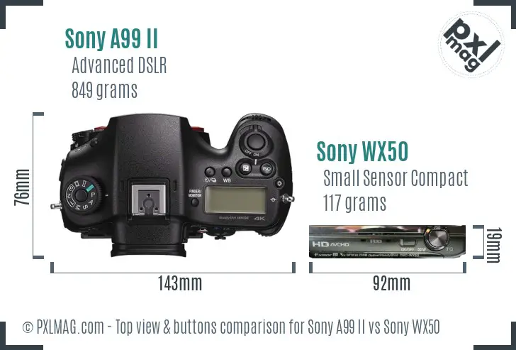 Sony A99 II vs Sony WX50 top view buttons comparison